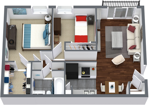 Floor plan for 2 beds, 1 bath, 805 sqft